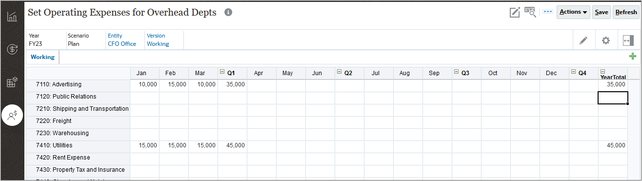 Set Operating Expenses for Overhead Depts Page for CFO Office